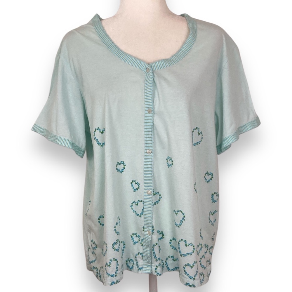 VTG Cottagecore golden girls Mint Green Heart Pattern Women's pjs top L